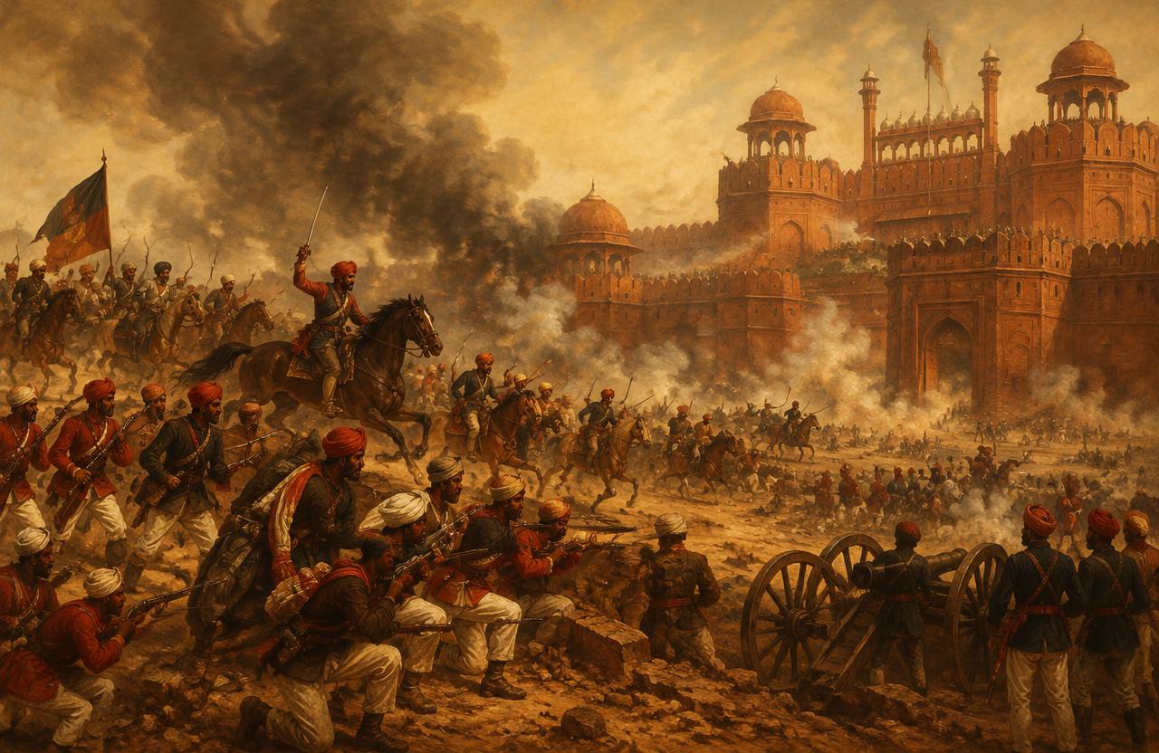 Painting of sepoys and cavalry fighting outside Delhi's fort walls in 1857